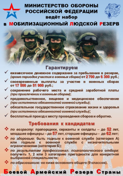 Министерство обороны  Российской Федерации ведёт набор  в мобилизационный людской резерв.